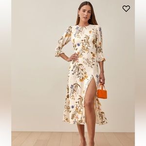 Reformation Floral Midi Dress in Cream and Blue
